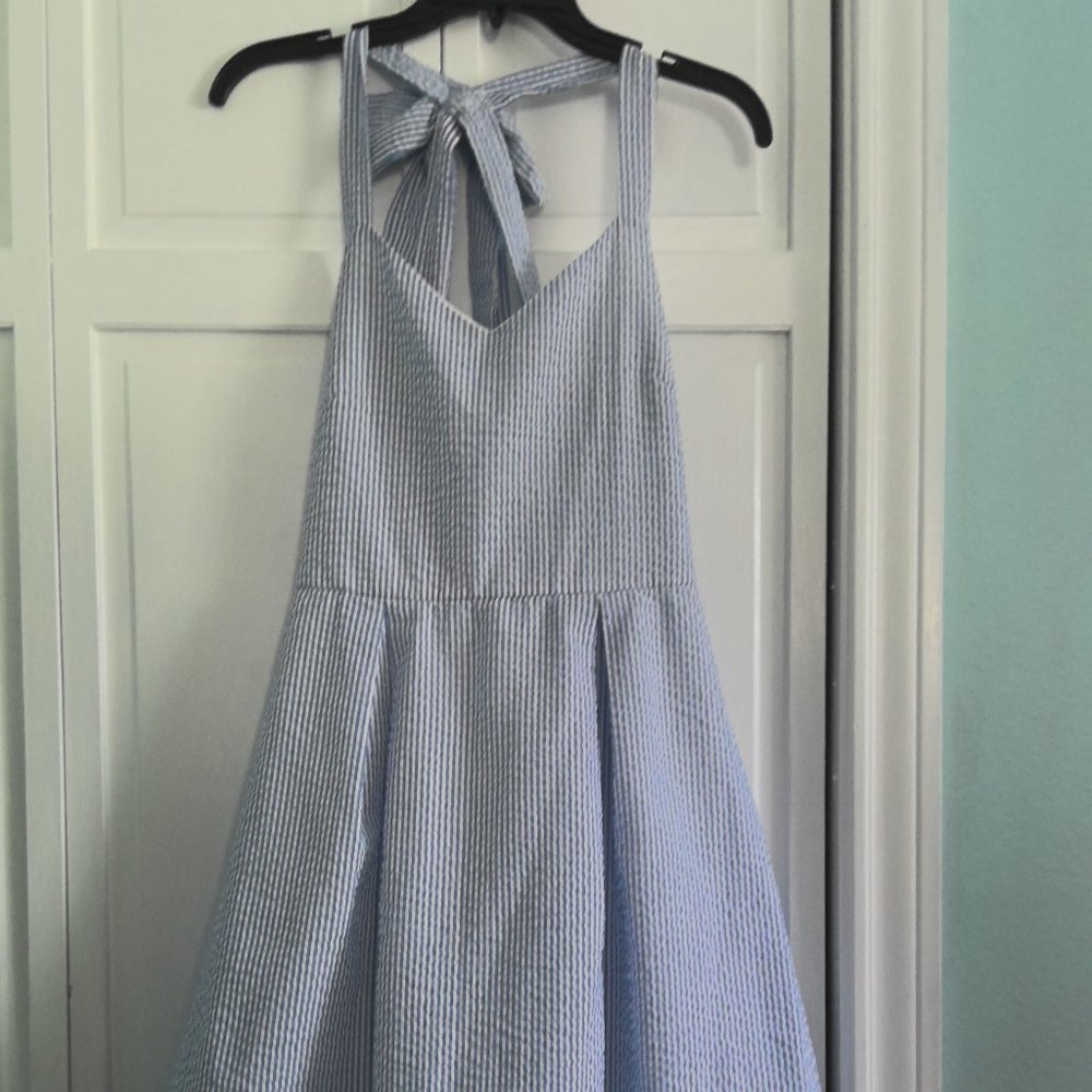 peach love California blue striped open back dress